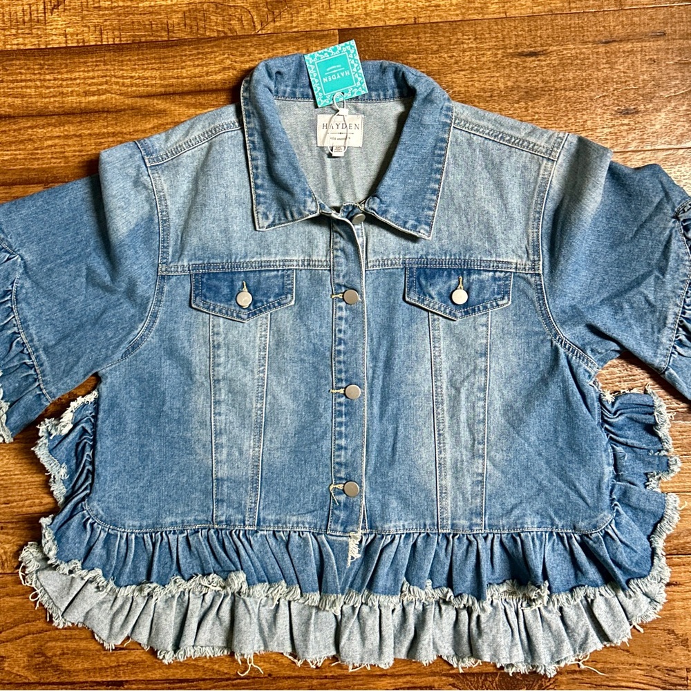 Hayden ~Medium/Large ~ Raw Edges W/ Ruffle Sleeves ~ Blue Denim Boho Jacket ~New - Picture 6 of 9